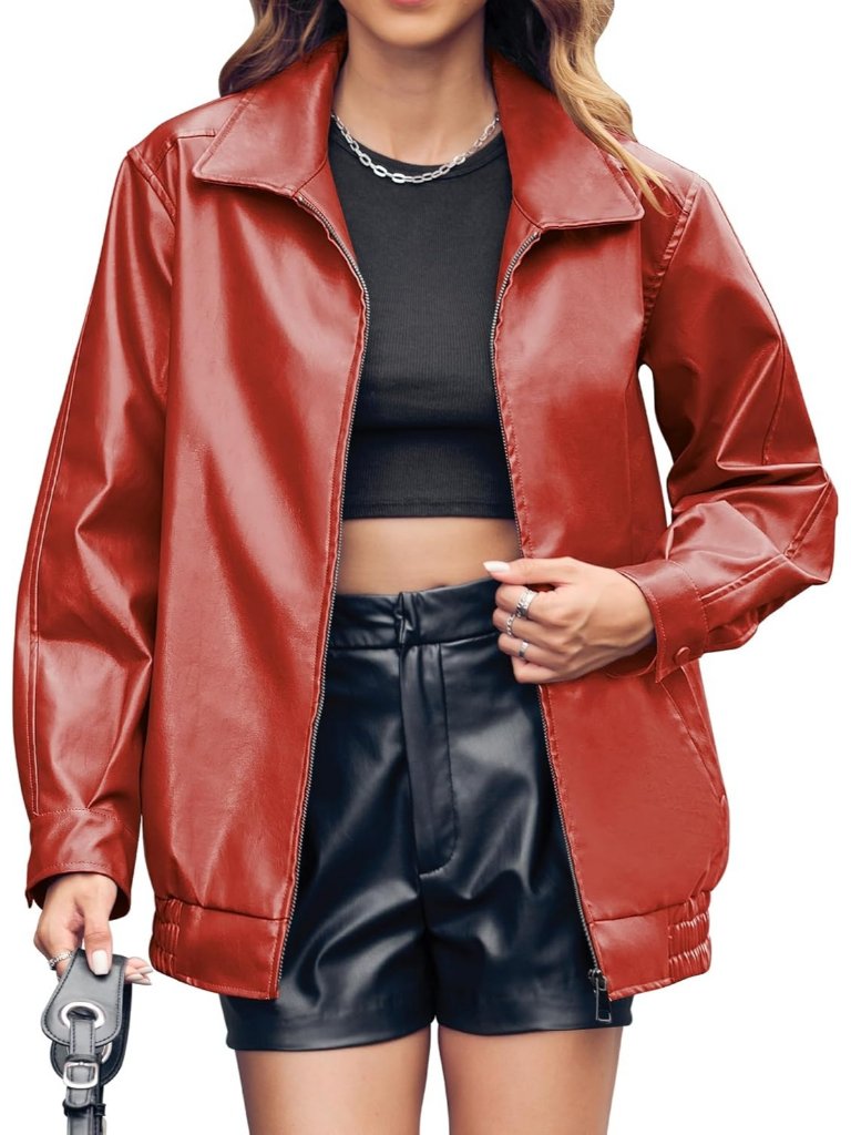 Women's Orange Polyester Oversized Faux Casual Zip Up Trendy Leather Jacket